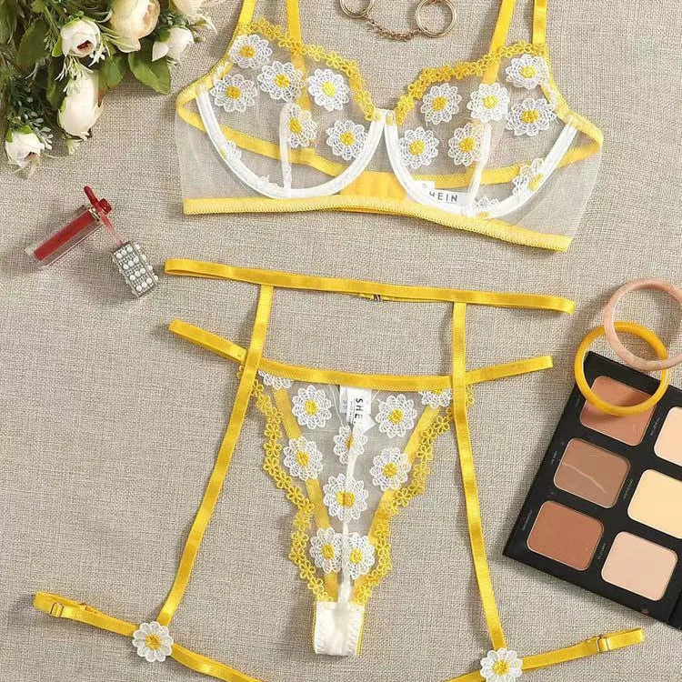 Yellow Floral Embroider Lingerie See Through Lace Ropa Transparent Underwear Women Sexy Panties and Bra Set