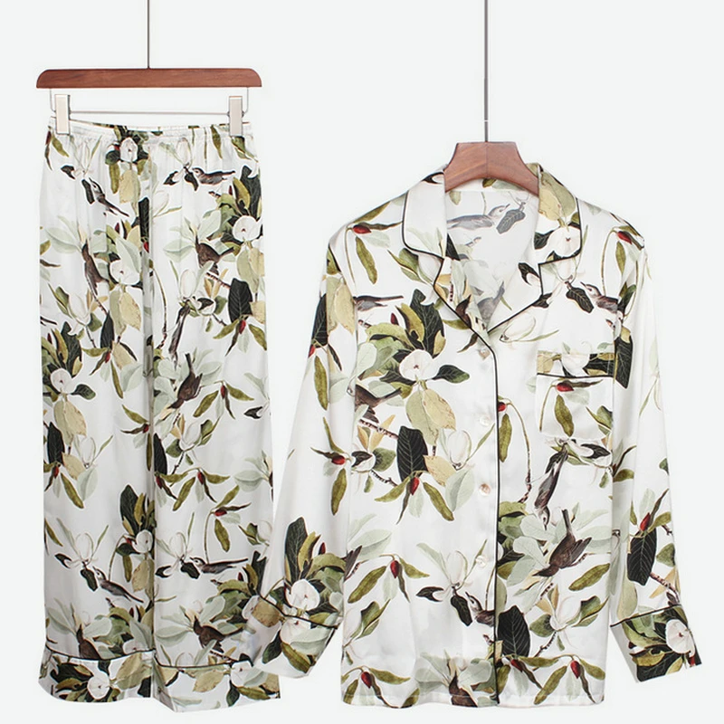 Monogram Sleepwear Pajamas 100% Silk Pyjamas Wholesale Printed Luxury with Piping Chinese Women Long Pajama Suit Photo Color