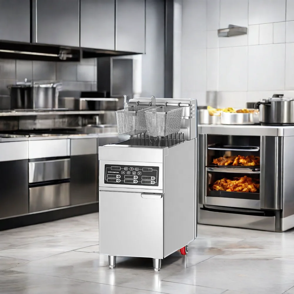 Electric Standing Deep Fat Fryer for Potato Chips Frying Machine 1 Tank double Baskets Chicken Fryer