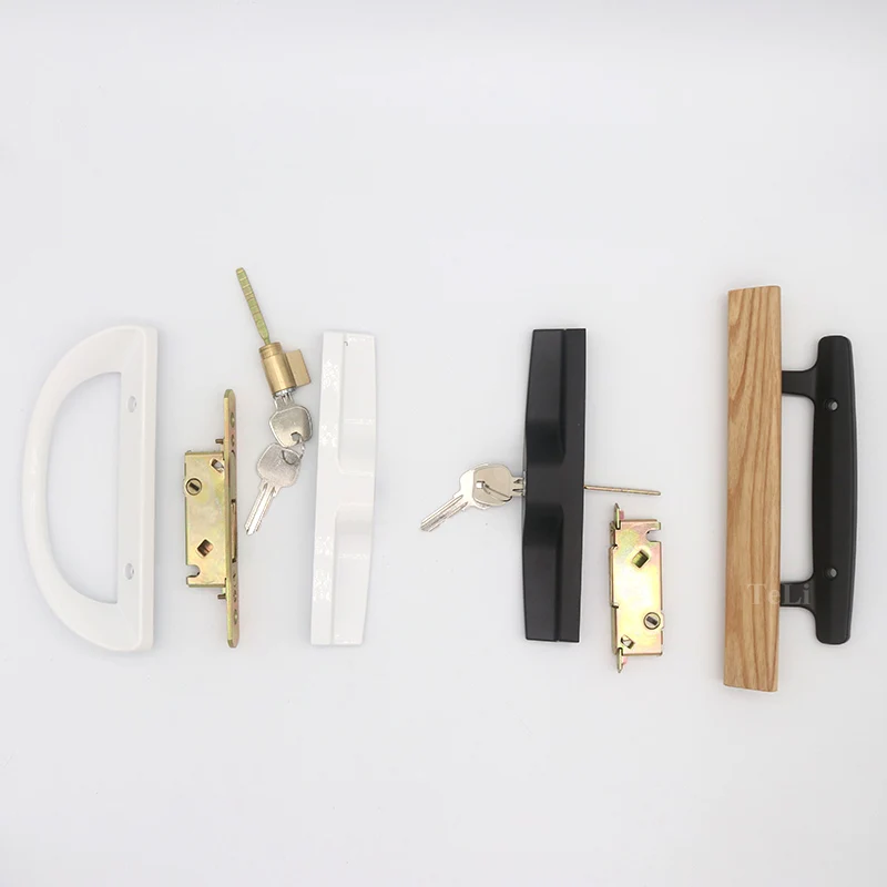 Wood Handle Lock White Sliding Patio Door Handle Set with Mortise Lock, Key Cylinder and Face Plate