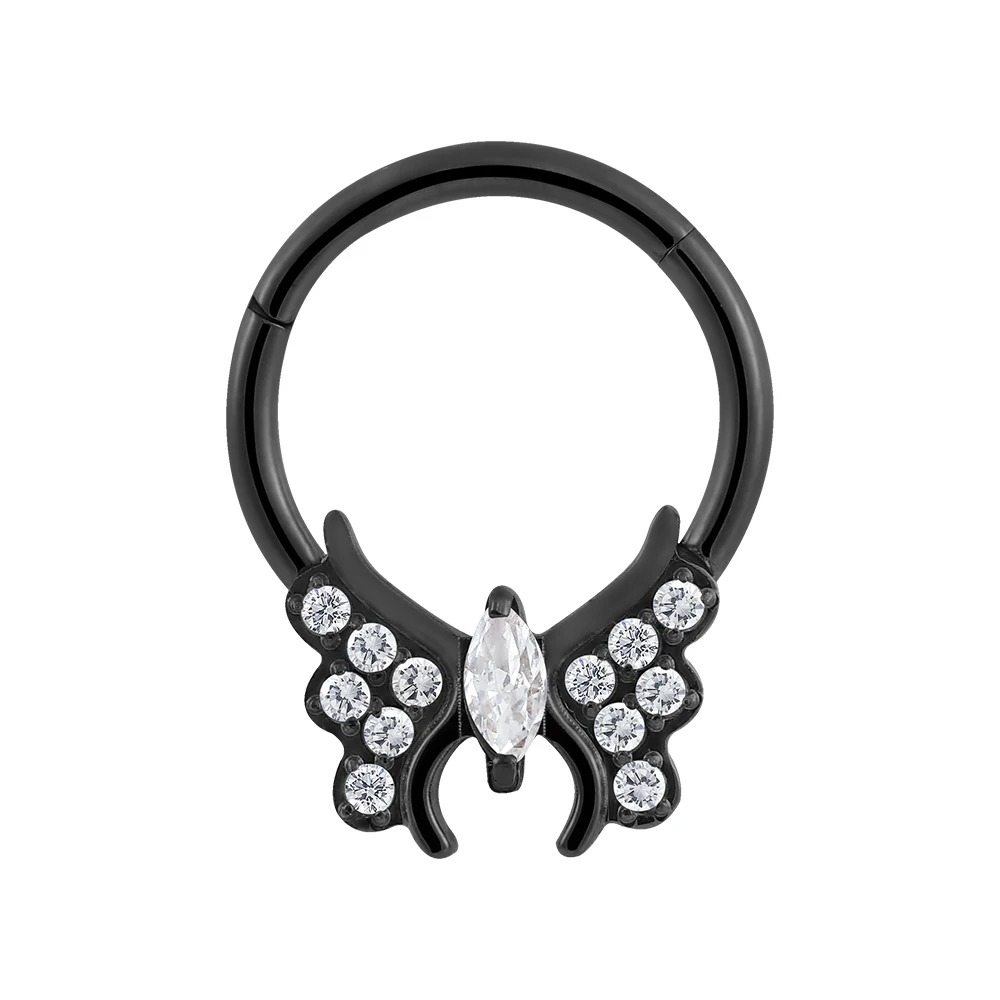 Superstar titanium septum welded butterfly both sides wings zircon marquise shape nose segment ring clicker piercing jewelry