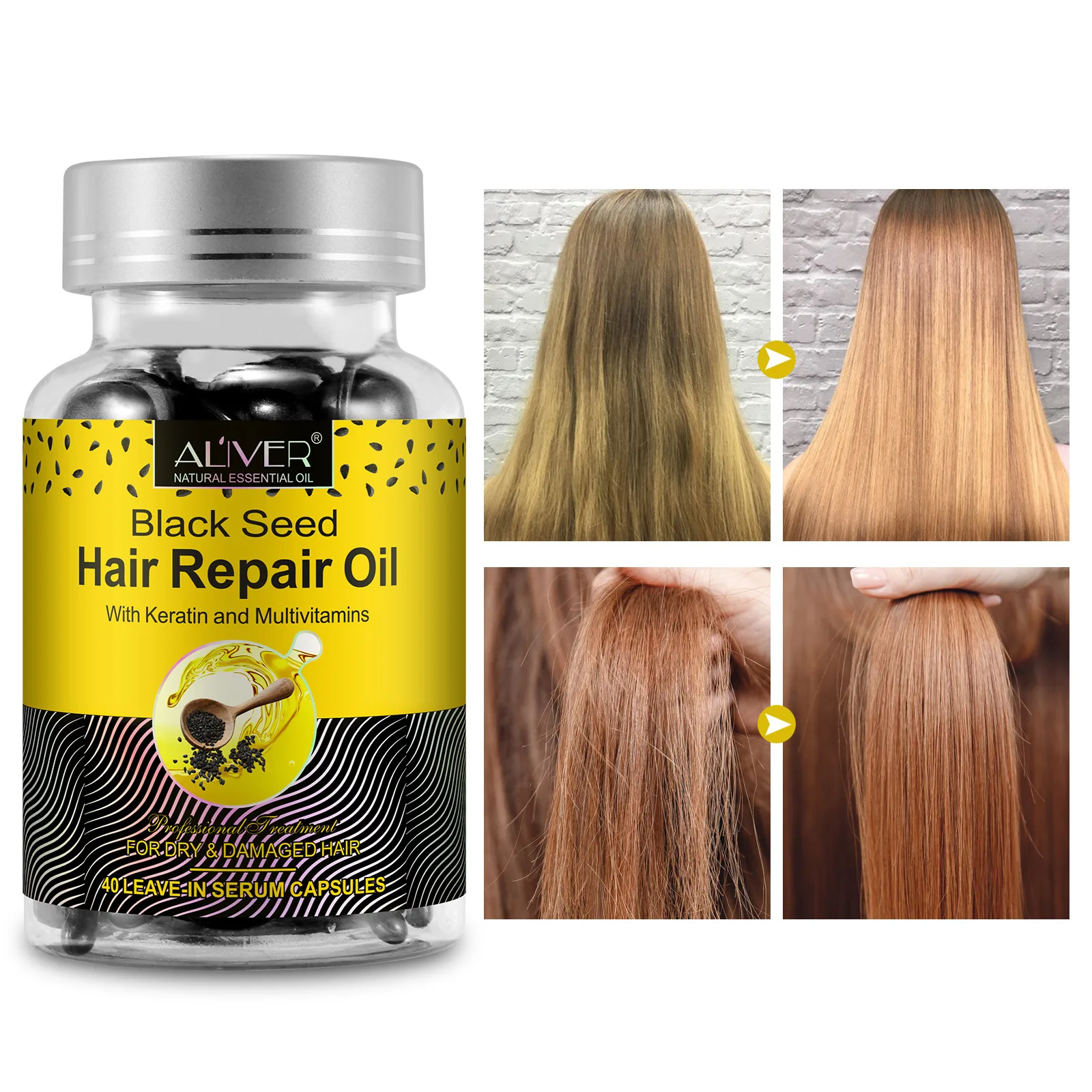 ALIVER Organic Black Seed Hair Repair Oil Leave-in Serum Capsules For Frizzy Dry Damaged Hair With Keratin Multivitamins