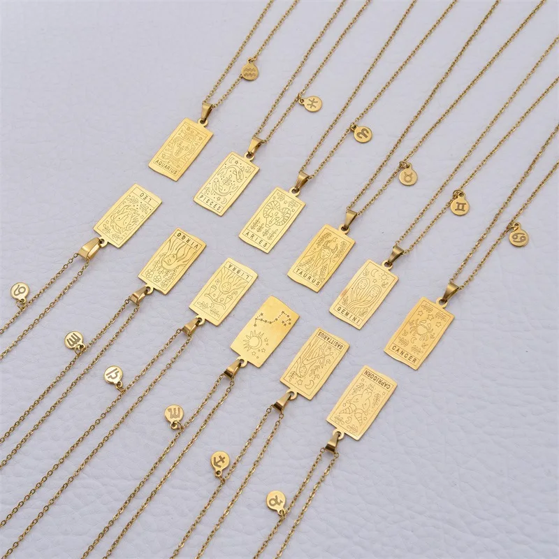 14 k New Trendy Popular Stainless Steel witchy Square quantum Tarot Necklace 18K Gold Plated Medallion Zodiac Necklace for women