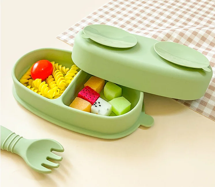 Anti-Slip Silicone Baby Feed Training Bowl Tray with Cutlery, Food Divider Taste Suction Plate with Spoon Fork For Travel