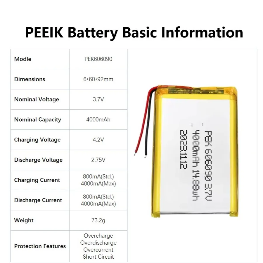 Lithium Ion polymer Battery Lipo battery PEK606090 3.7V 4000mAh Long-lasting Power Safety Protection Mini Printer Battery