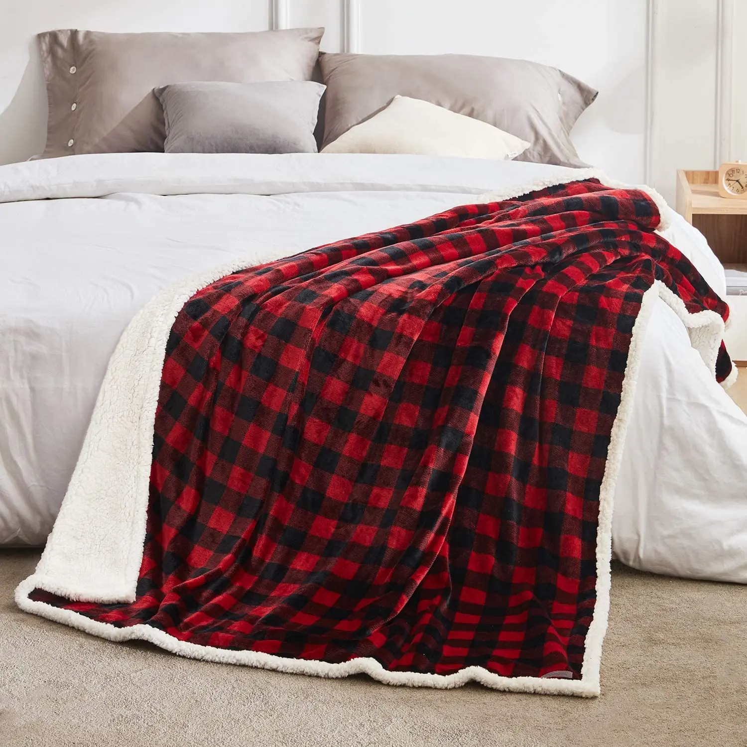 High Quality Black and Red Buffalo Plaid Sherpa Wool Blanket Linen Christmas Plaid Blanket Decorative Blanket