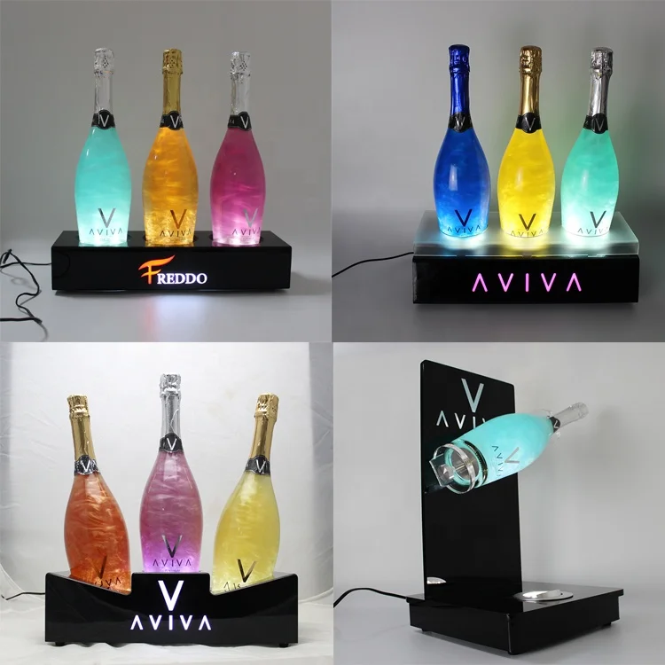
led sparkling acrylic bottle glorifier display stand, AVIVA acrylic gold wine 360 degree rotating display rack 