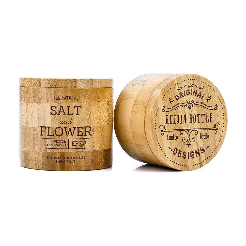 Custom Logo 125G 155G 180G 250G Bamboo Storage Container Full Bamboo Tea Spices Storage Bamboo Salt Box With Wooden Spoon