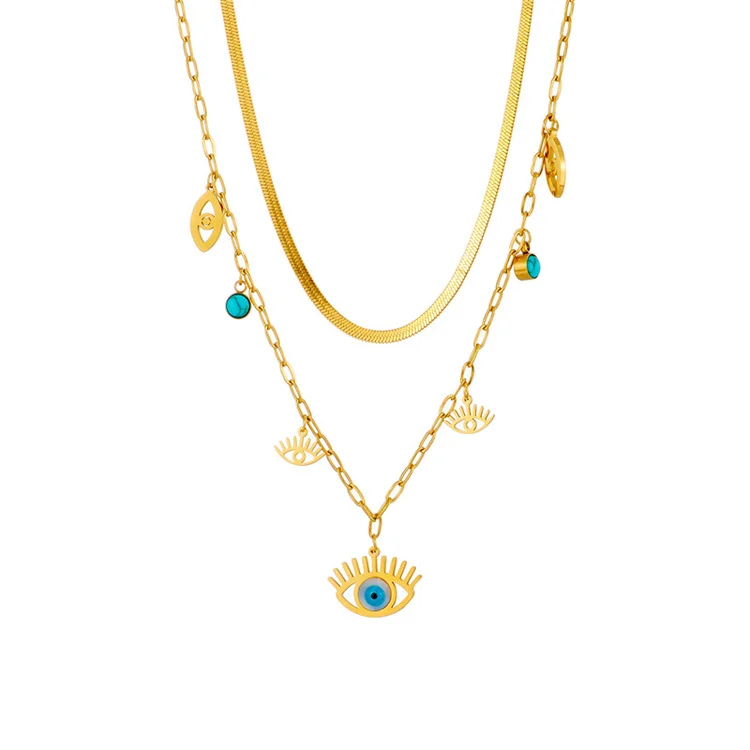 Wholesale Vintage Titanium Steel Bohemian Statement Turquoise Pendant Layered Blue Demon Eye Necklace