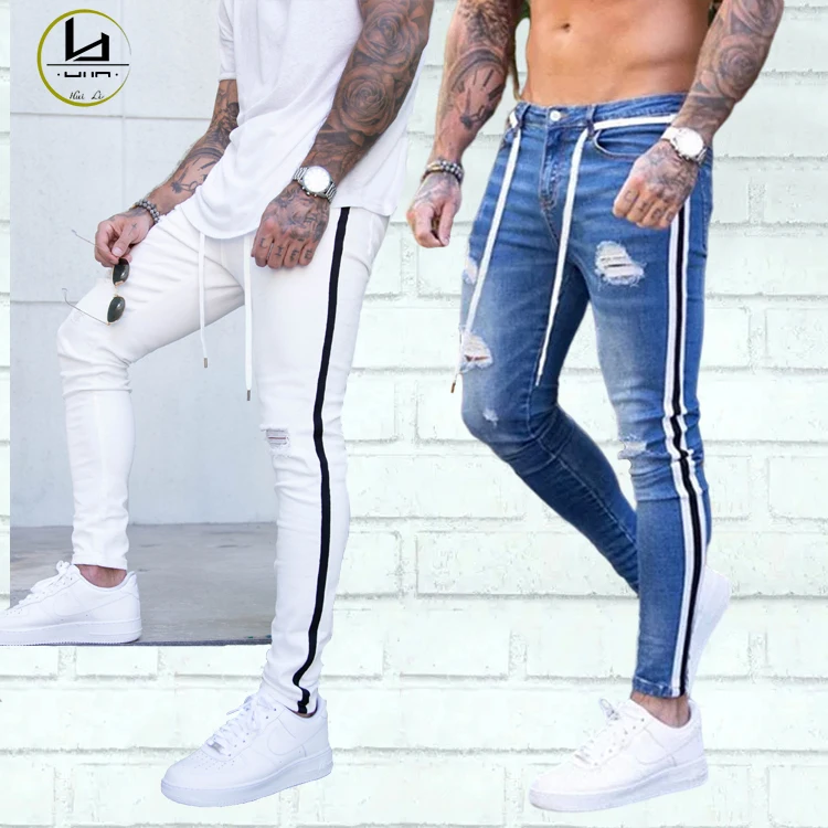 wholesale China factory fashion casual denim pants high quality straight slim fit ripped jeans custom side stripe men jeans