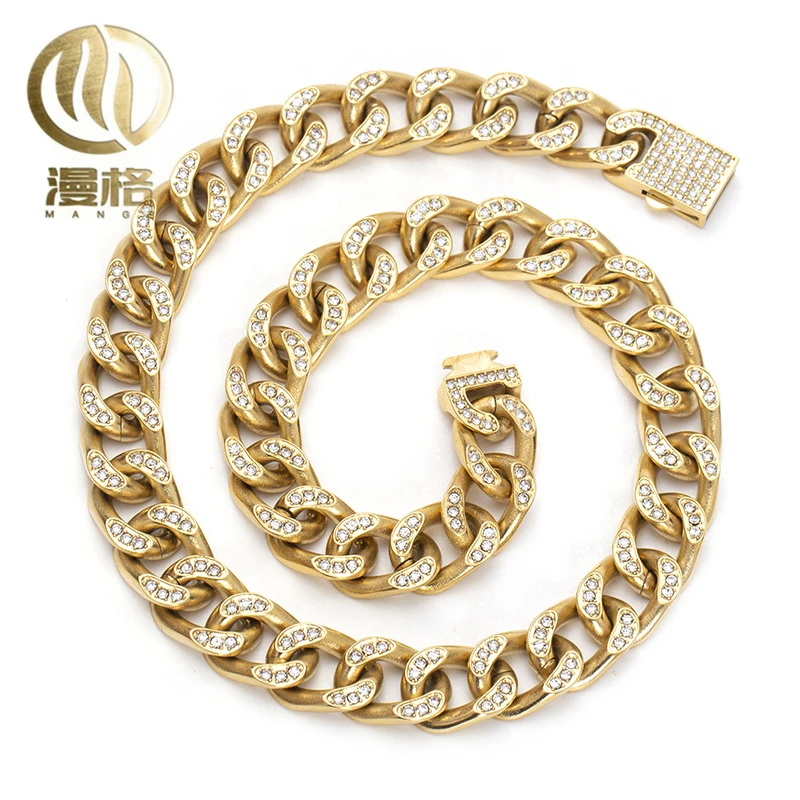 European punk heavy metal hip Hop jewelry 13mm stainless steel Cuban Chain necklace set with diamond 18K gold necklace