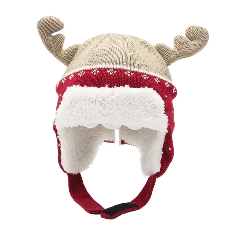Hot sale baby kid child Checked Earflap Winter warm jacquard Christmas reindeer Trapper Hat polar fleece lining hat