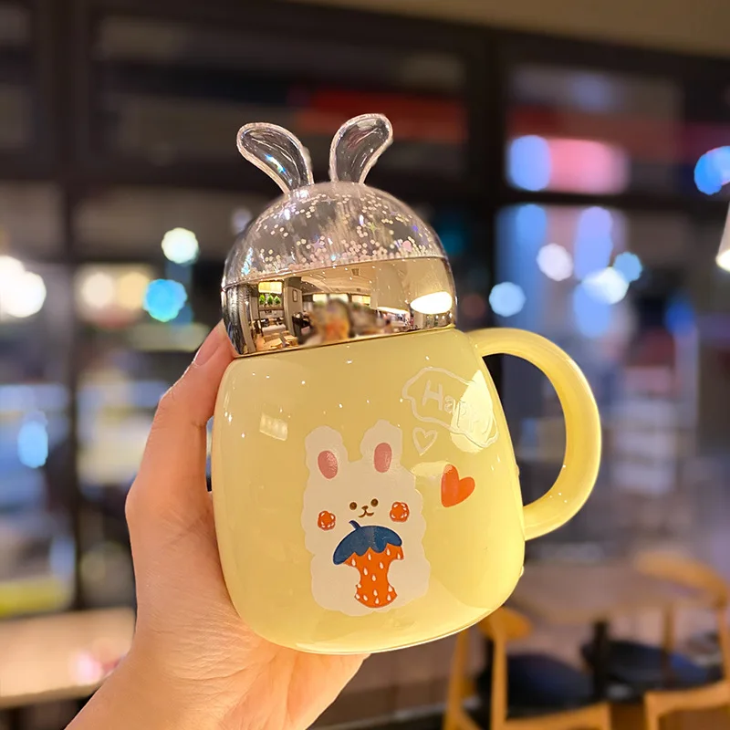 Modern Creative Cute 3D Rabbit Ears Cup Lid Home Office Ceramic Mug with Spoon