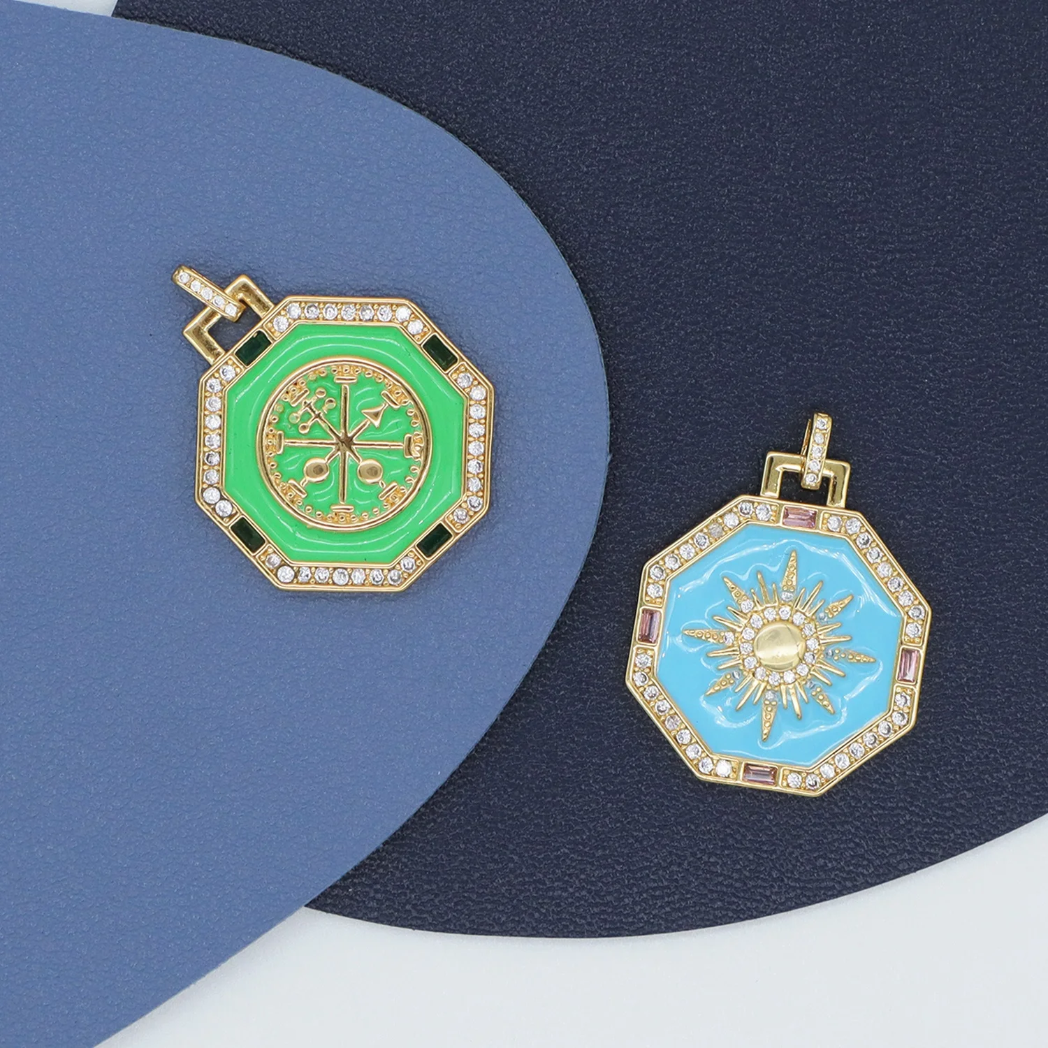 Wholesale Miss Jewelry Fashion Enamel Blue Green Octagonal Gold Sun charms Pendant Custom CZ Gold Plated Sun Pendants
