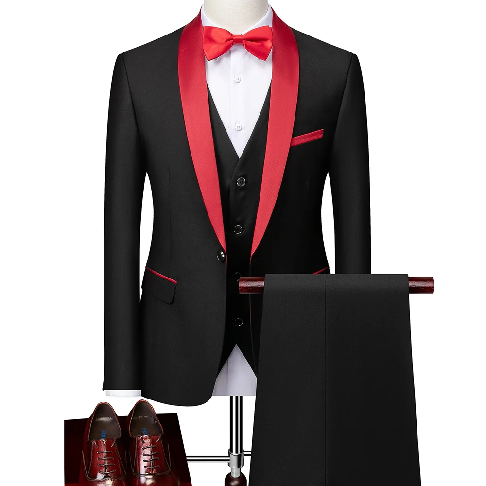High Quality Men Suit 3 Pieces Set Wedding Elegant Blazers Shawl Collar Luxury Jacket Pants Vest Formal Coat Skinny Dress