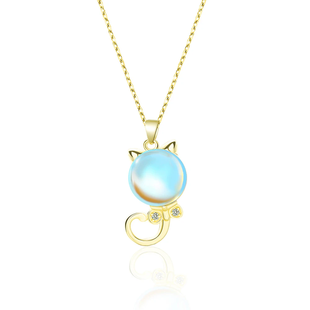 Hot Sale 925 Sterling Silver Animal Blue Cat Moonstone Pendant Necklace Moon Stone Jewelry For Women