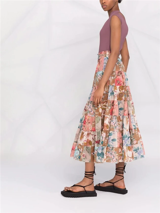 2023 Summer Women Custom Elegant A Line Long Smock Cotton Multi Color Floral Pleated Midi Skirts with Rope