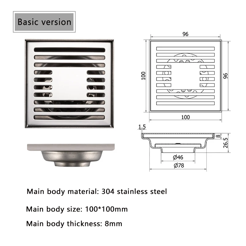 Outlet square toilet strainer washing machine kitchen anti-odor sus304 core bathroom shower cover stainless steel floor drain