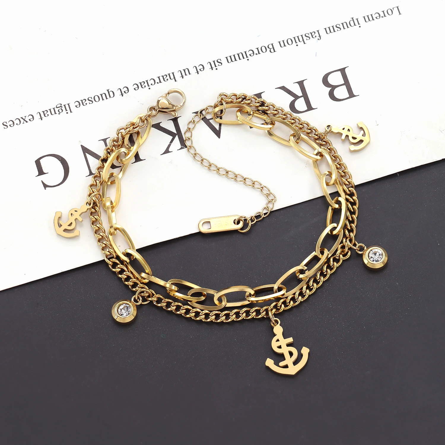 New Trendy Unisex Jewelry 18K Gold Plated Stainless Steel Double Layered Infinity Symbol Diamond Pirate Anchor Coin Bracelet