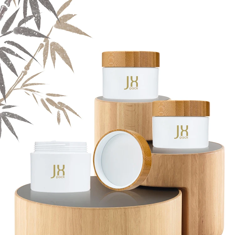 Custom 4oz bamboo lid cosmetic body butter containers eye body face cream empty packaging jar 8 oz pp plastic jars with lid