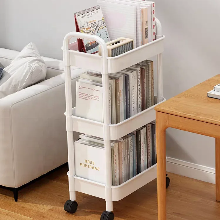 Plastic trolley Double armrest shelving floor to floor snack Kitchen bathroom Home Multi-layer removable trolley with wheel