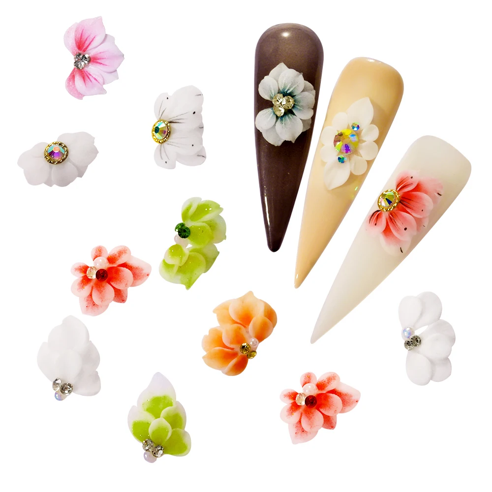 Handmade Acrylic Flower  White/Pink 3D Butterfly Acrylic Nail Flower DIY With Glitter Rhinestone Acrylic Side Flower