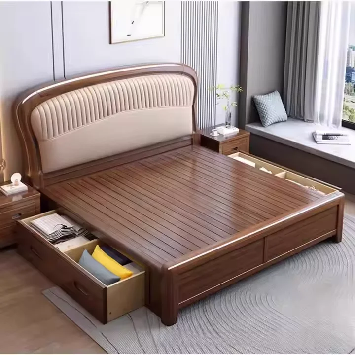 High Quality Luxury Solid Wood Queen Size Bed Wooden Bed Frames Bedroom Furniture Set