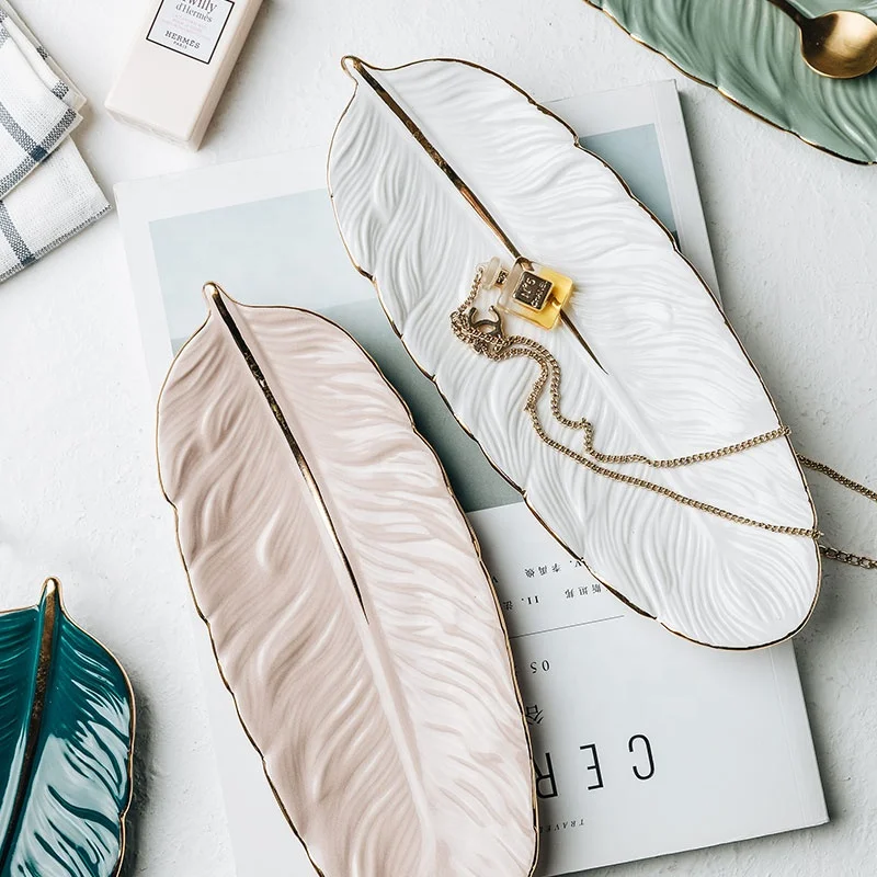 
Jade-cer European style ceramic feather shape leaf shape tray fruit plate with golden rim 10