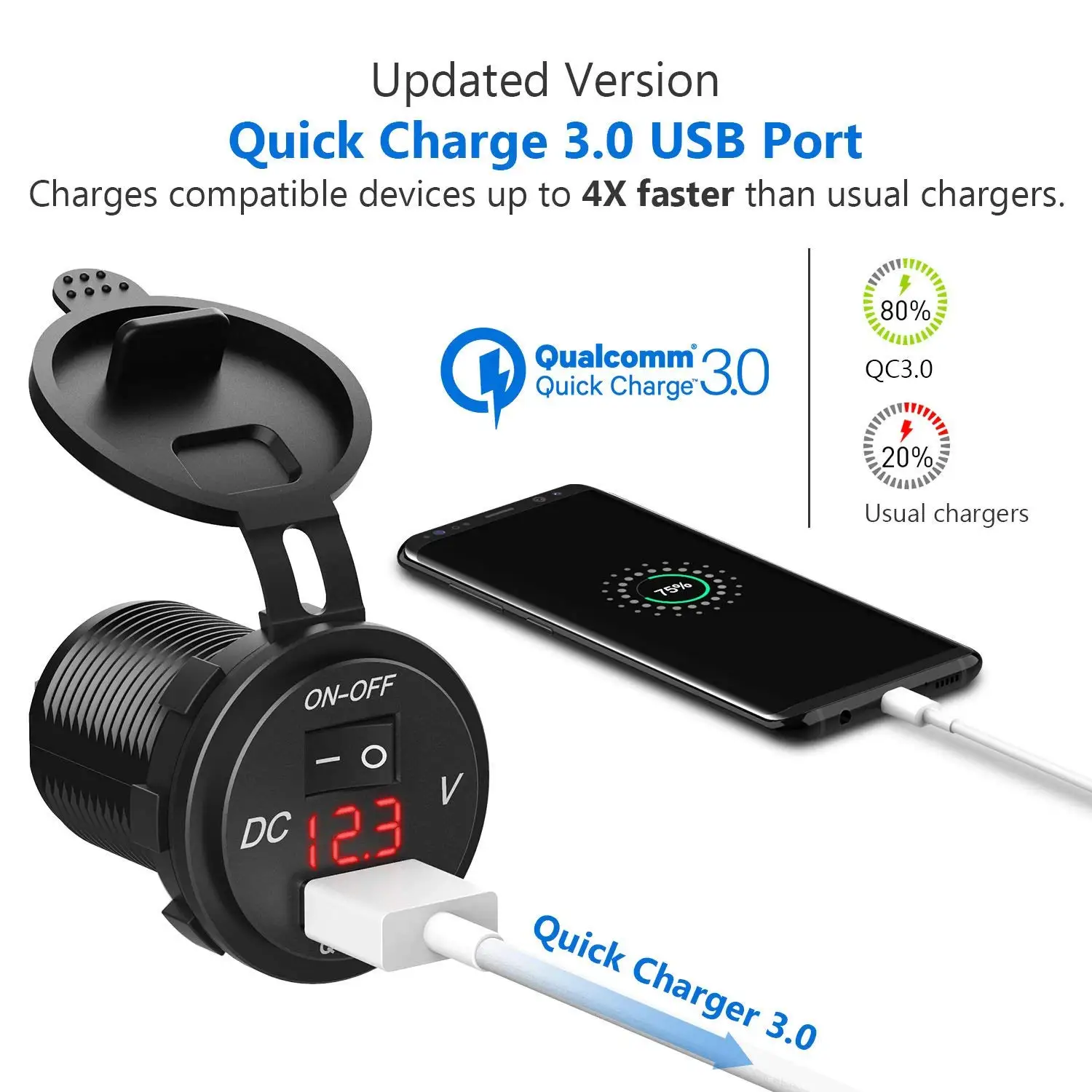 12V -24v Single USB charger with voltmeter and button ON-OFF control switch for car marine boat