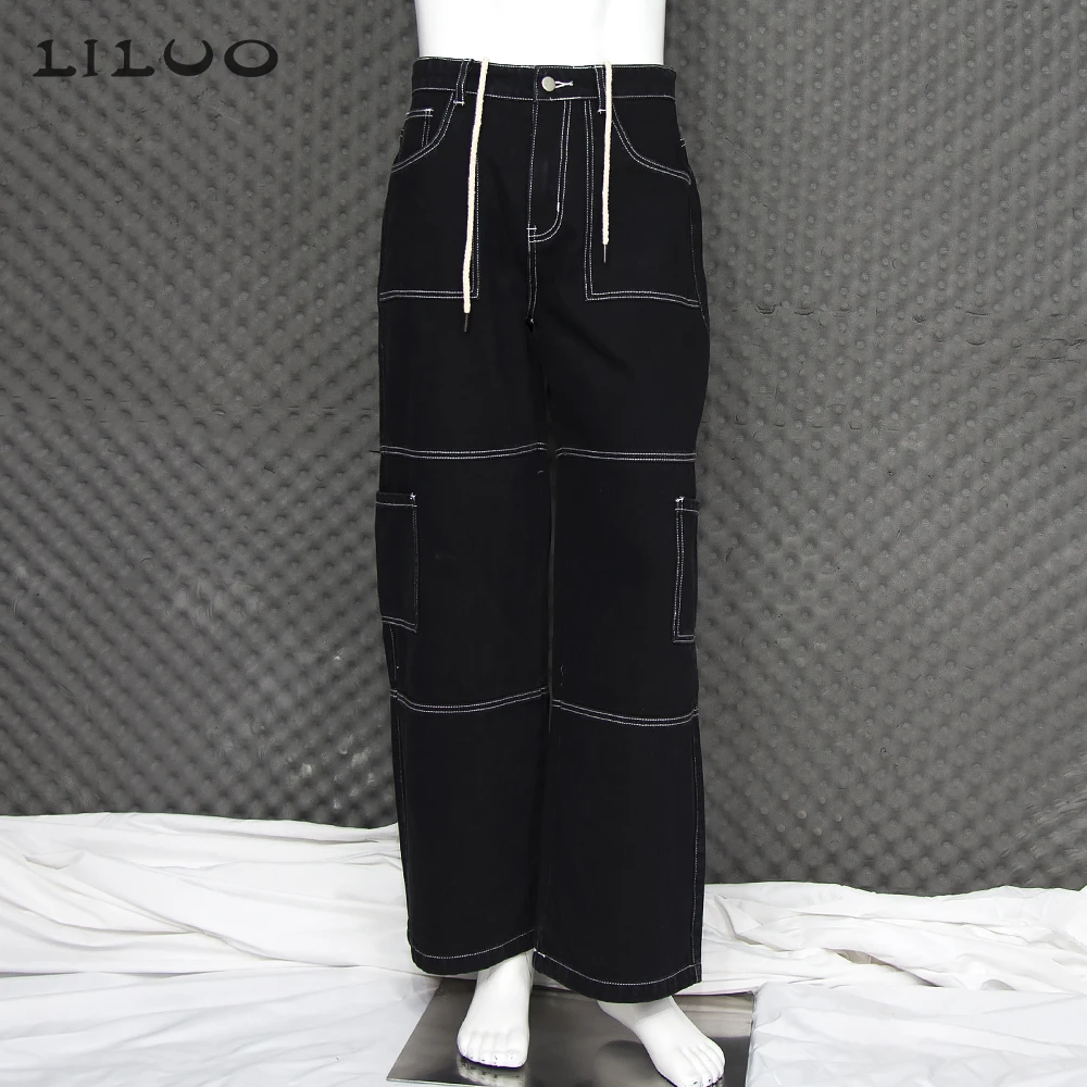 Loose Pants Streetwear black Solid Color Breathable stacked pants Blank Stripe Joggers Track Cargo baggy jeans pants denims