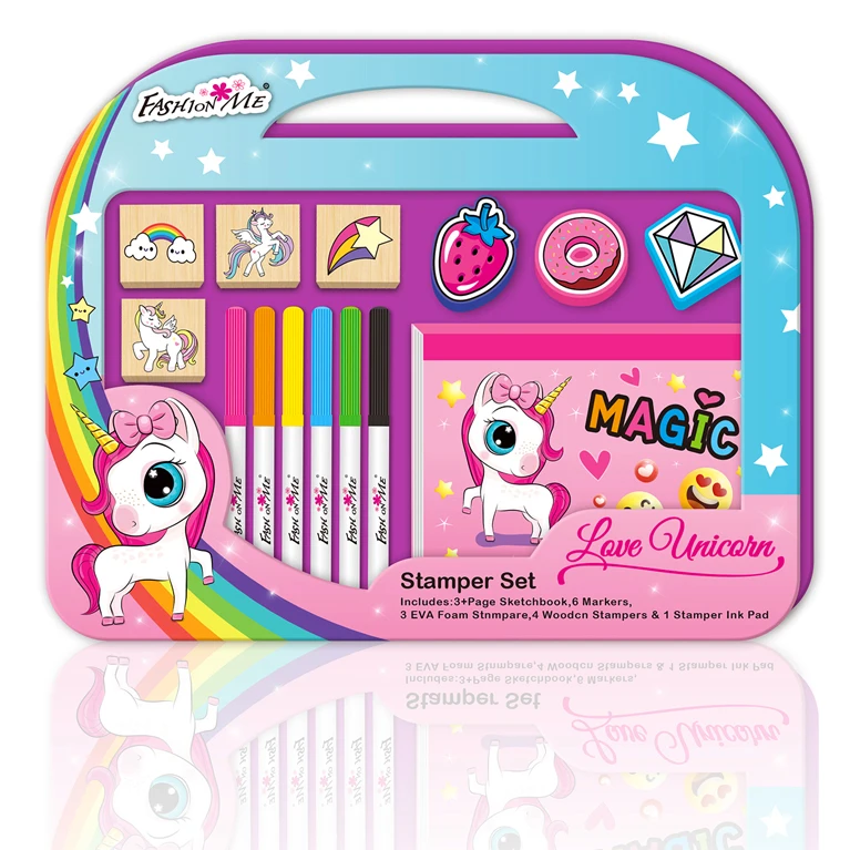 2024 Hot selling unicorn stamp set PVC transparent handbag unicorn notebook color pen set