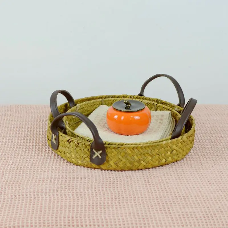 Handwoven Wicker Tray Round Rattan Tray Woven Basket Seagrass Tray with Handles