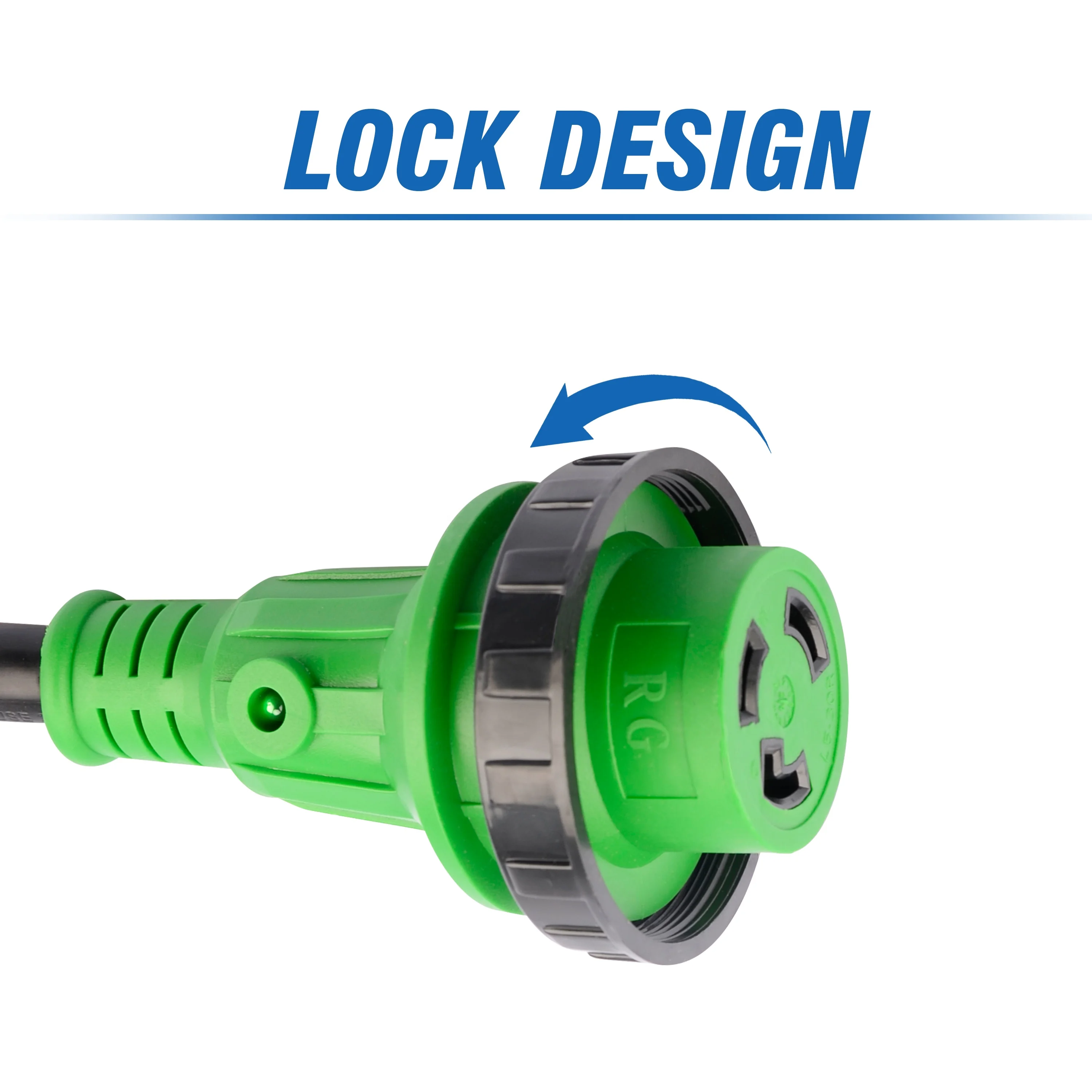 J523 30 Amp 50 Feet RV Power Extension Cord Heavy Duty STW Wire with LED Light NEMA TT-30P to L5-30R Locking Connector Green