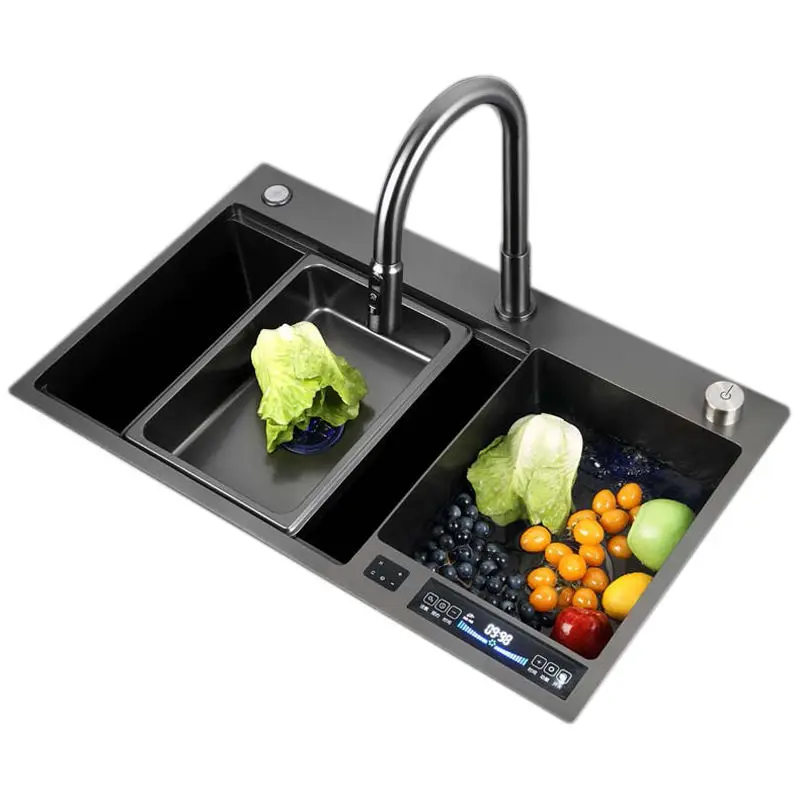 Новый дизайн SUS304 умная раковина ручной работы многофункциональная нано ультразвуковая кухонная со светодиодным водопадом кран