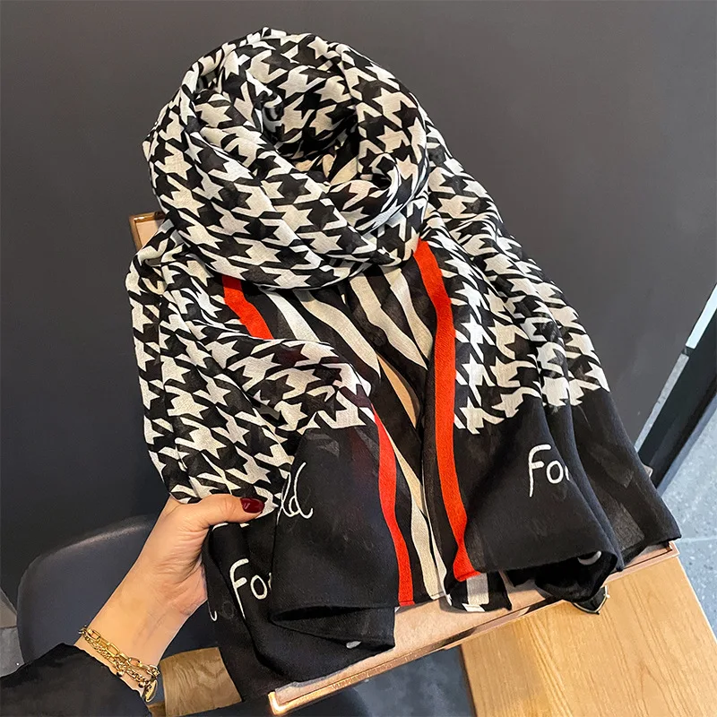 New Design Fashion Letter Printed Long Large Cotton Scarves For Women Luxury Houndstooth Pattern Viscose Shawls Muslim Hijabs