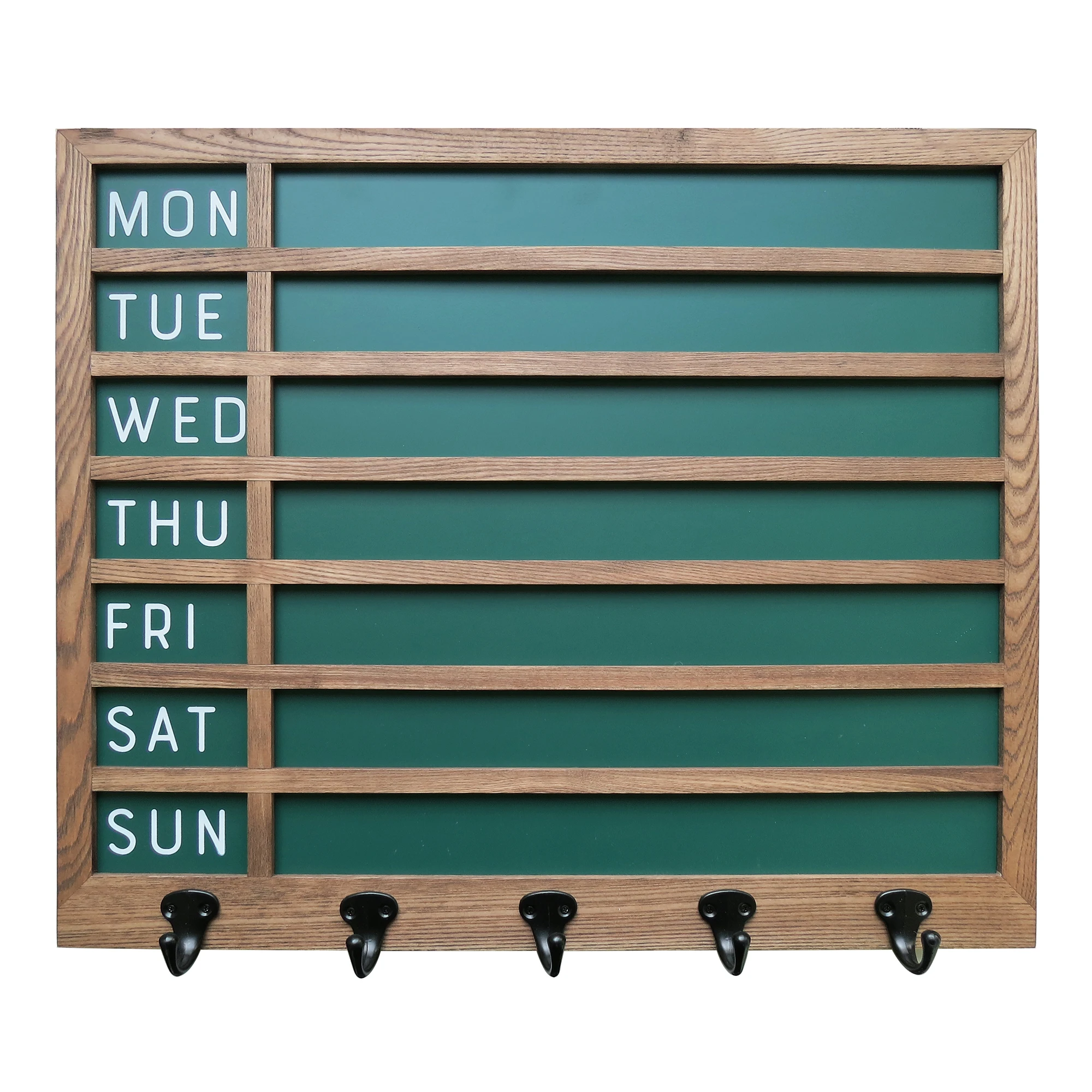 Wall Mounted Rustic Brown Wood Framed Weekly Menu Chalkboard Sign With  5 key Holder Hooks