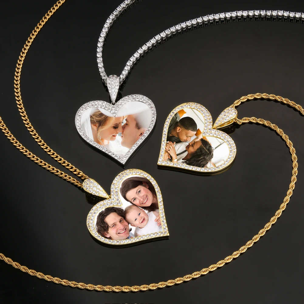 KRKC Custom Made Cubic Zirconia Sublimation Metal Necklace Gold Plated Family Pendent Picture Photo Charm Necklace for Photo