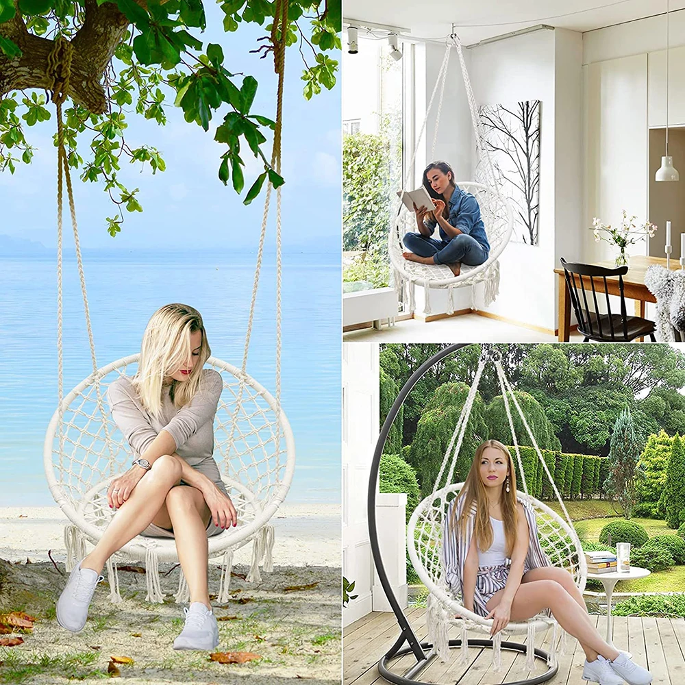Hand Woven Cotton Rope Swing Chair Hanging Chair with Cushion Pillow