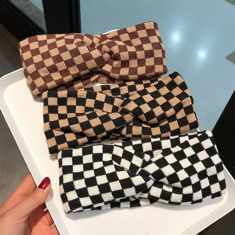 Custom Logo Elastic Hair Band Winter Knit Plaid Cross Head Band Ear Warmer Headband Crocheted Knitted Head Wraps For Women Girls