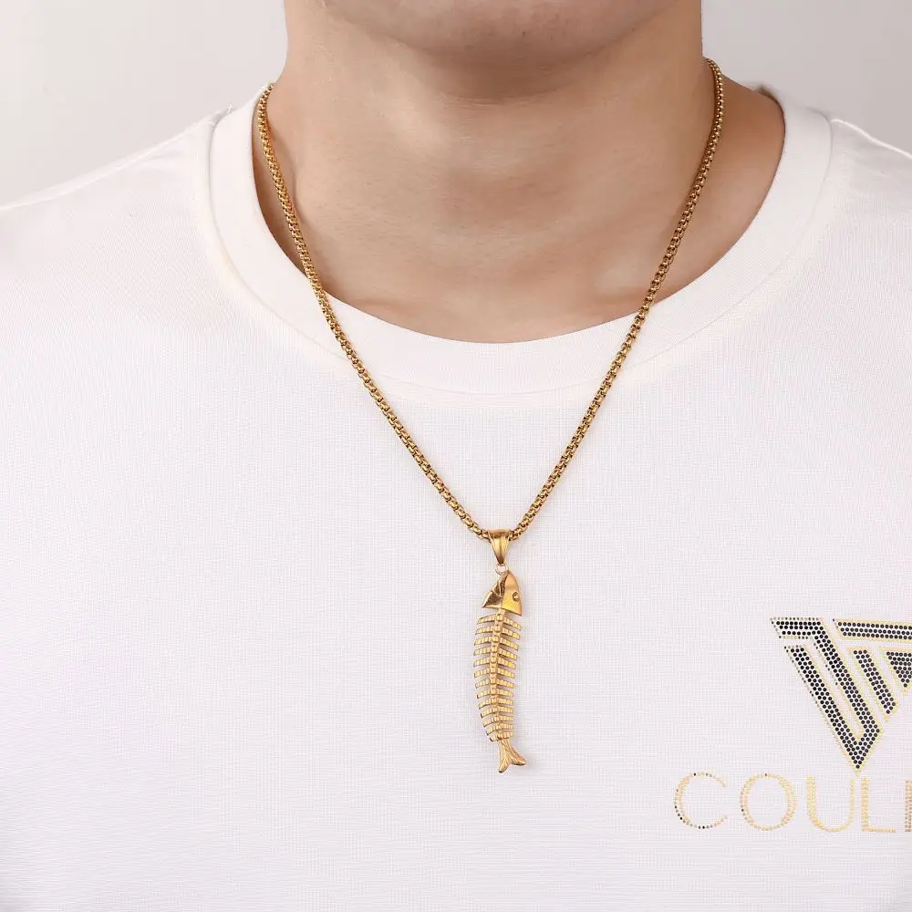 2022 Fashion Men Stainless Steel Gothic Punk Stainless Steel Fish Bone Pendant Necklace for Men