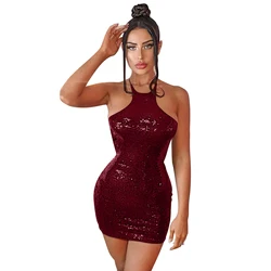 New design woman party clothing sequin sleeveless backless sexy dress halter bodycon mini club dress