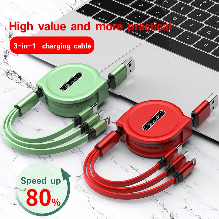 Micro usb charger cable retractable charger 3 in 1 usb data cables 2.4a fast charging cable