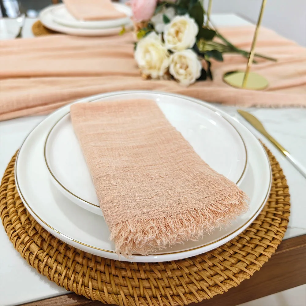 Beautiful handmade frayed edges table decor peach pink color recycled eco friendly cotton gauze napkins 43x43
