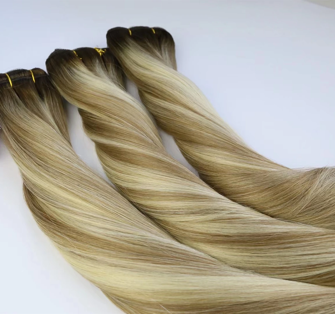 Wholesale High End Super Double Drawn Russian Cuticle Aligned Machine Weft Hair Extensions