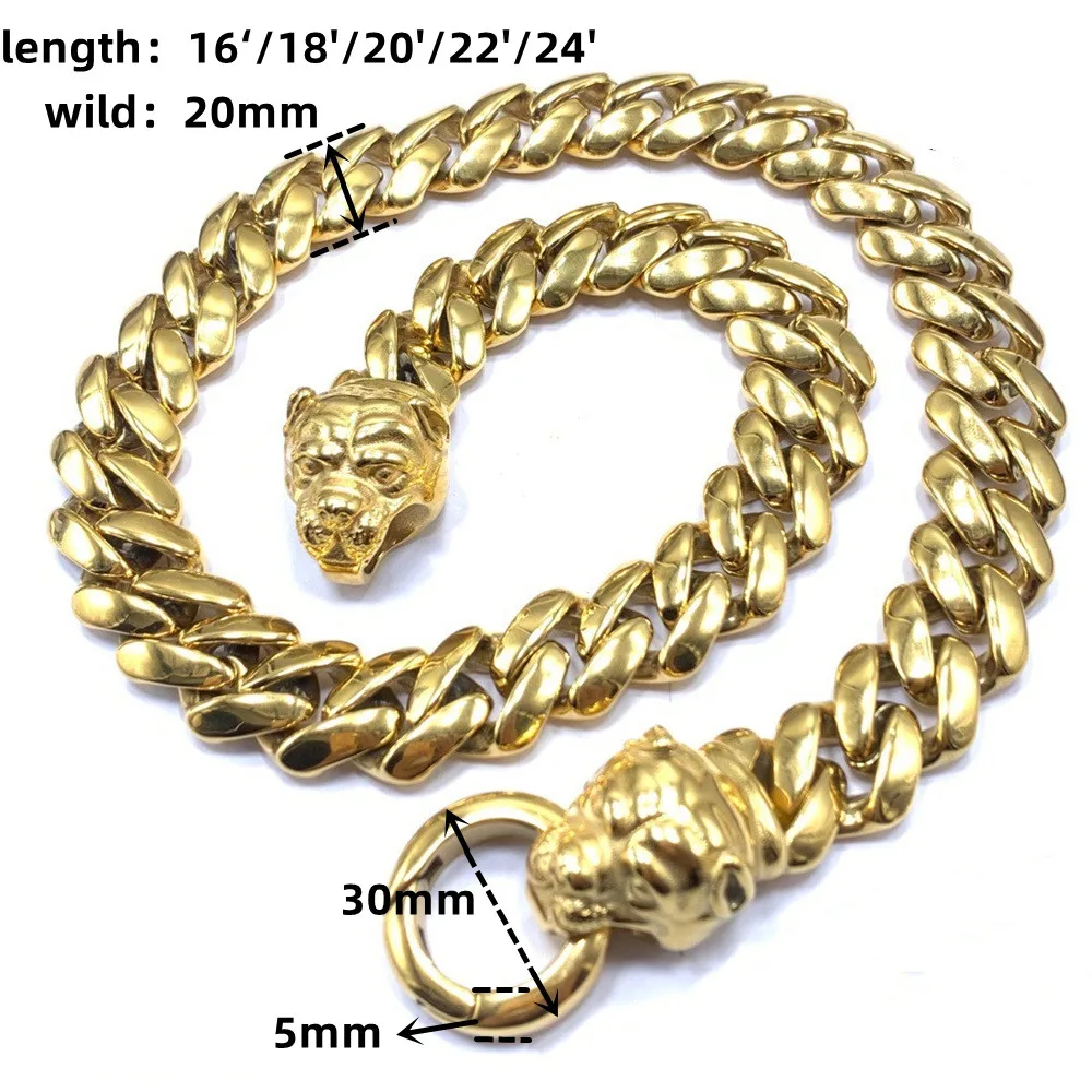 Pet Products Top Seller gold dog collars for pit bull 20mm 32mm luxury heavy duty cuban link chain dog collar gold with metal buckle