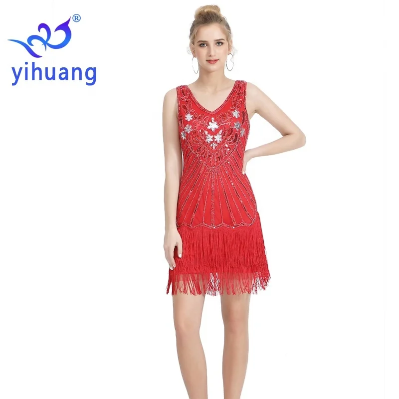Factory Direct 1920s Vintage V-Neck Party Prom Dance Sequins Tassel Dresses Small Gowns for woman