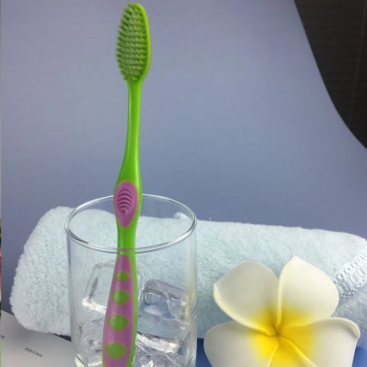 
green color double size medium Bristle toothbrush with tongue scraper cleaner 