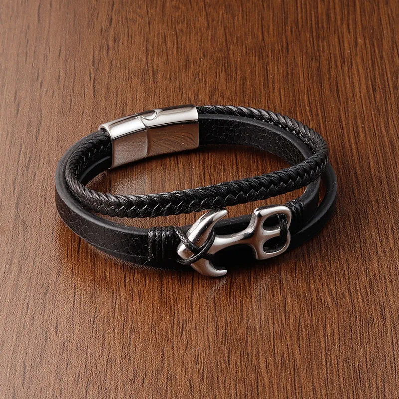Best Selling Punk Jewelry Bracelet Stainless Steel Anchor Magnetic Clasp Handmade Real Genuine Leather Bracelet Men
