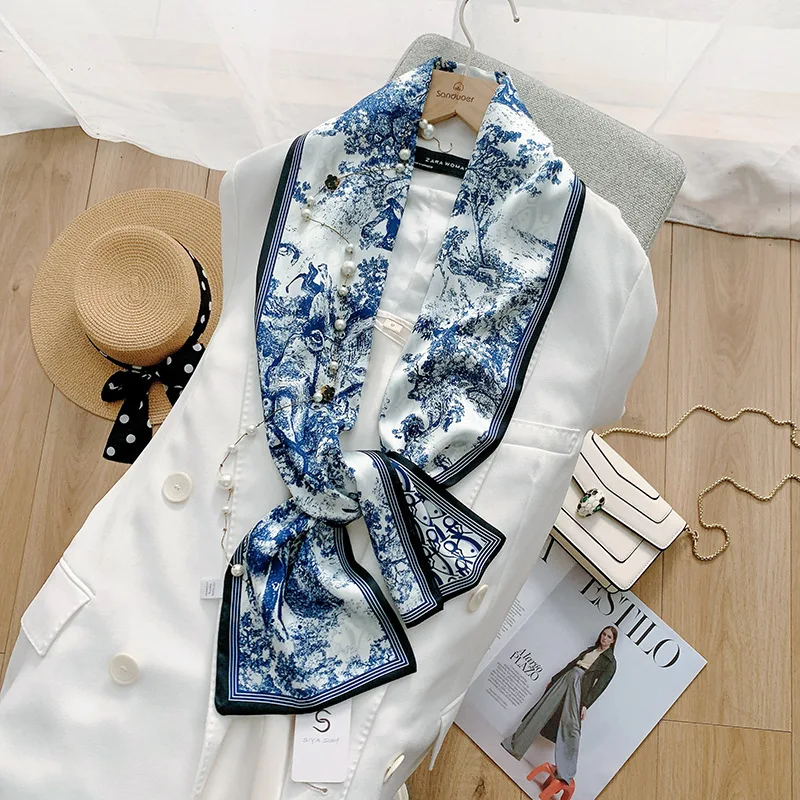 Европейский и американский двухслойный Маленький Длинный шарф пояс для волос весенний и осенний тонкий шарф женский Французский Ретро полосатый