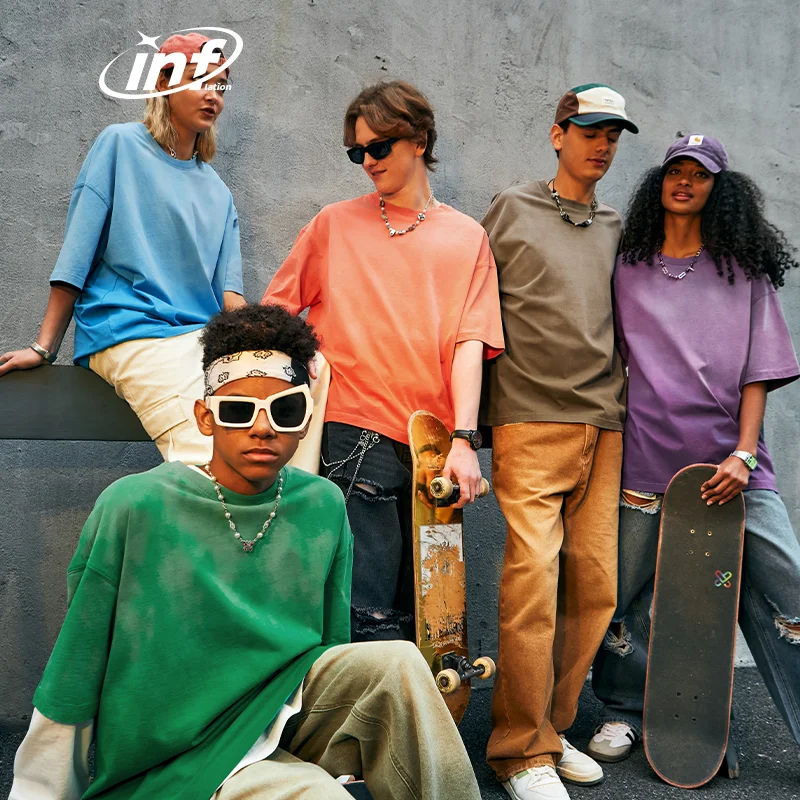 INFLATION 250G Orange Mineral Acid Wash Blank Washed Tshirt Mens Distressed oversized tshirts